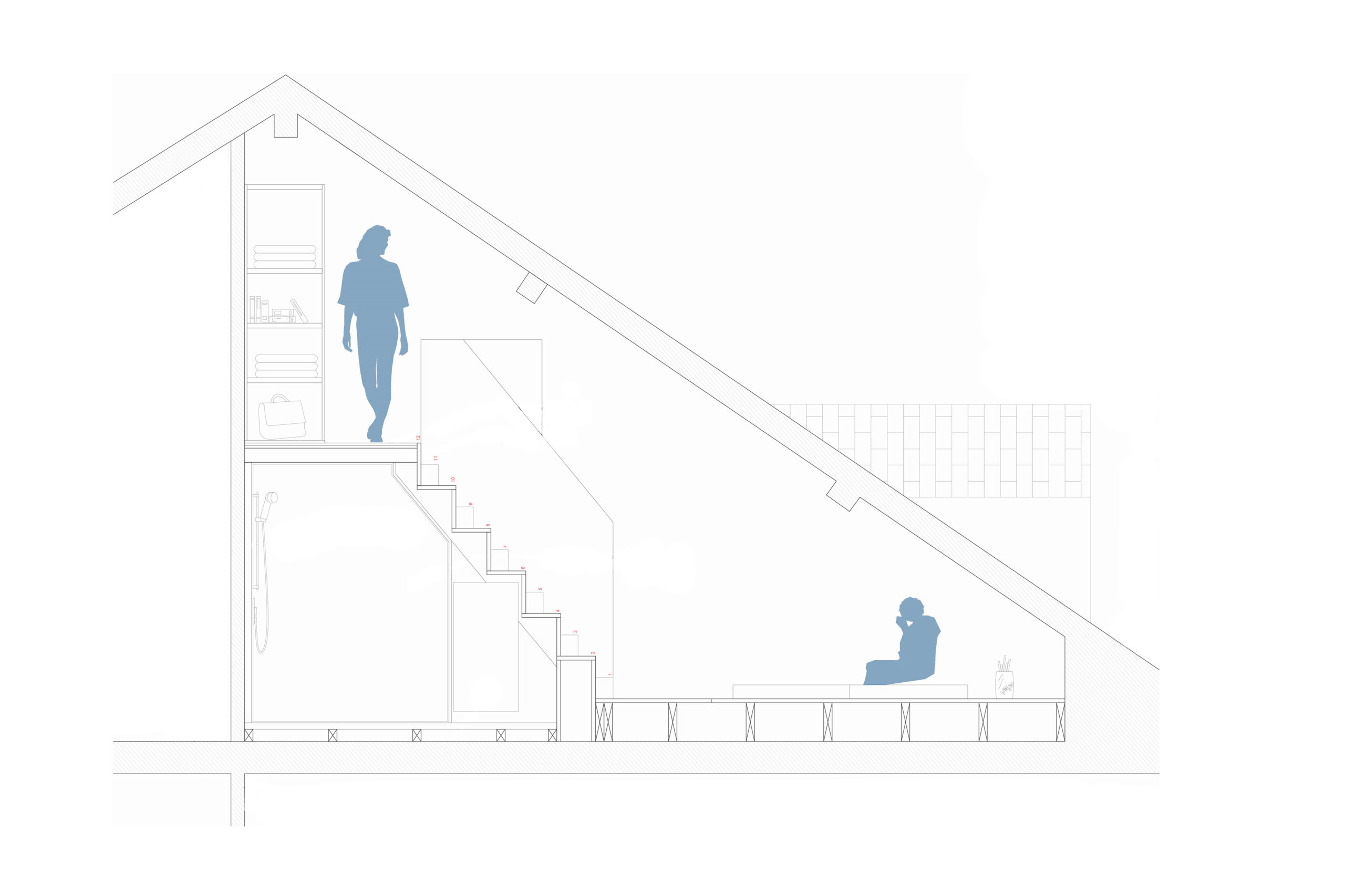 Plan présentant l'escalier a pas japonais qui permet l'accès a l'espace haut réhabiliter