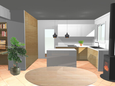 Perpective projet de l'aménagement de la piéce à vivre de la maison